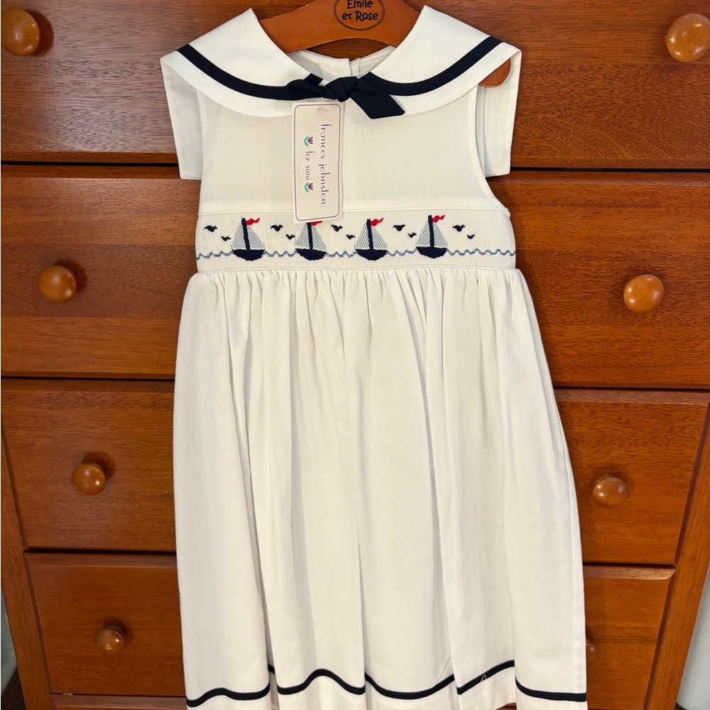 France’s Johnston NWT White and Navy Kids Smocked Dress, Size 6X